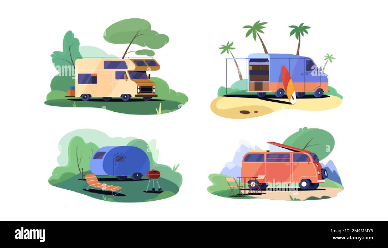 Set of camping trailer cars. Rv caravan transportation. Camper van, summer motorhome or vintage trucks with surfboard, table, barbecue and sunbed flat vector illustrations isolated on white background Stock Vector