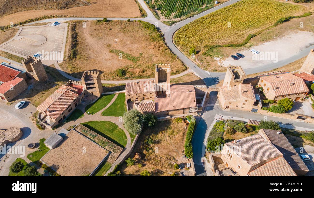 Beautiful view of the Church of Artajona called San Saturnino seen from drone, Navarra, Spain Stock Photo