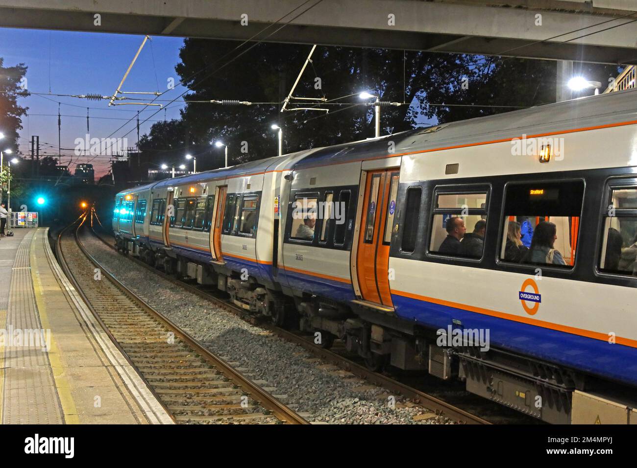 Stratford bound, London Overground train, at Hackney Downs railway station, London, England, UK, E8 1LA Stock Photo