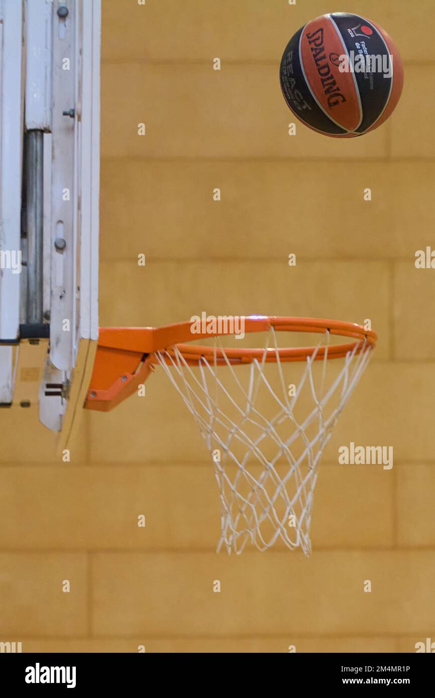 Viladecans, Spain December 17, 2022 A basketball in the air over the