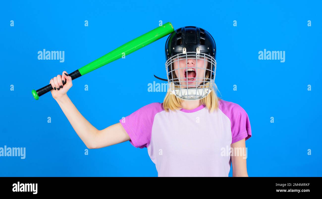 Woman having fun during baseball game. Girl pretty blonde wear baseball ...