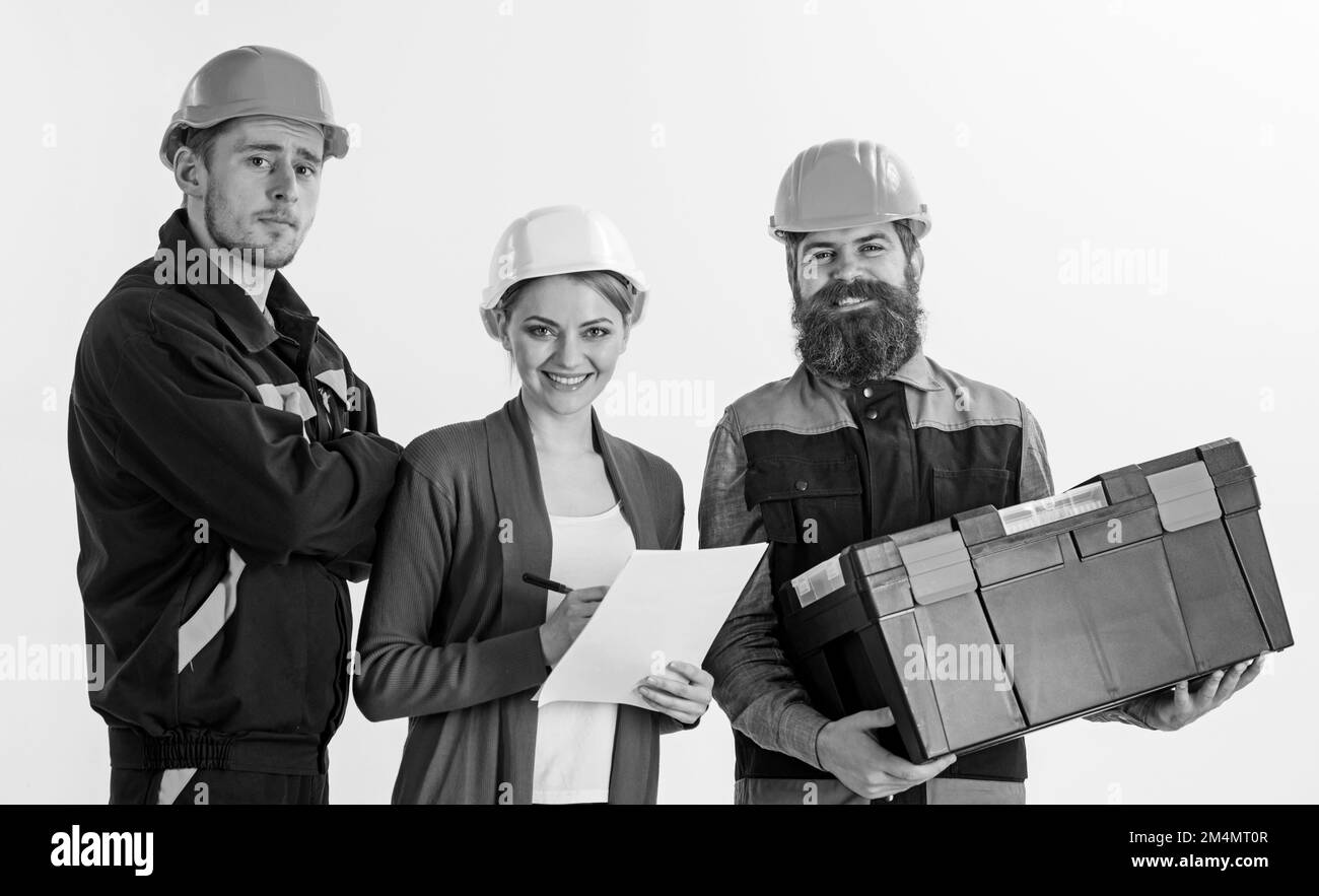 Team of architects concept. Builders and engineer work together Stock