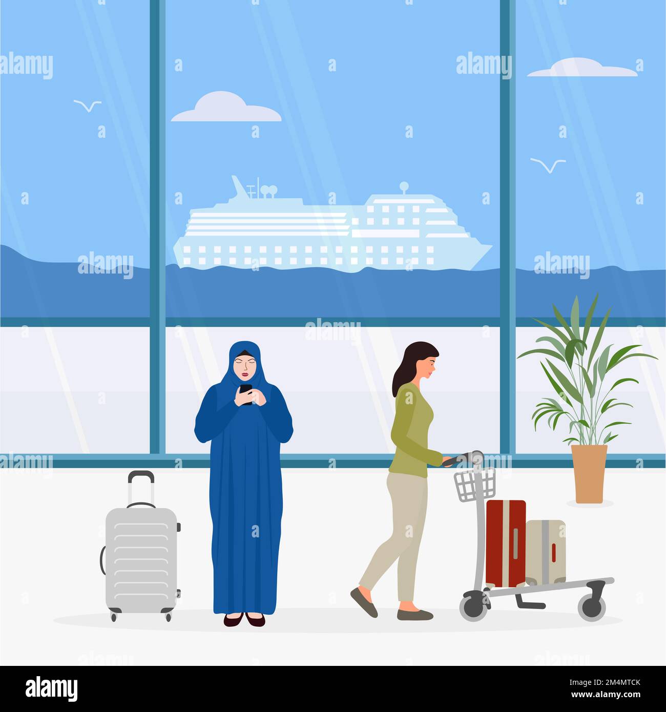 Vector illustration Muslim woman use cell phone, caucasian girl with suitcases on luggage cart waiting for check-in sea cruise. Sea port. Passenger. T Stock Vector