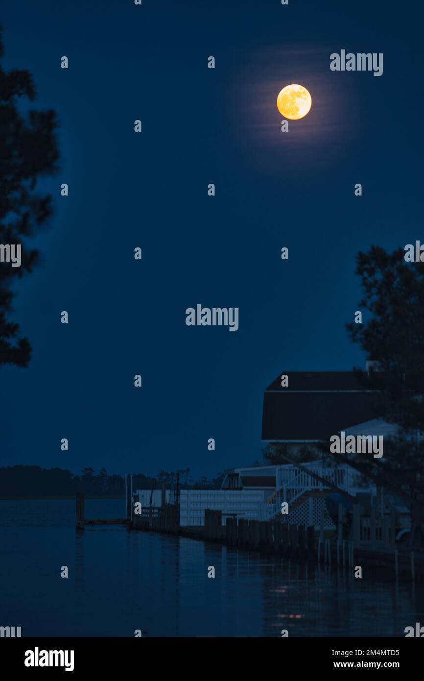 A vertical shot of the full moon isolated in the dark blue sky Stock ...