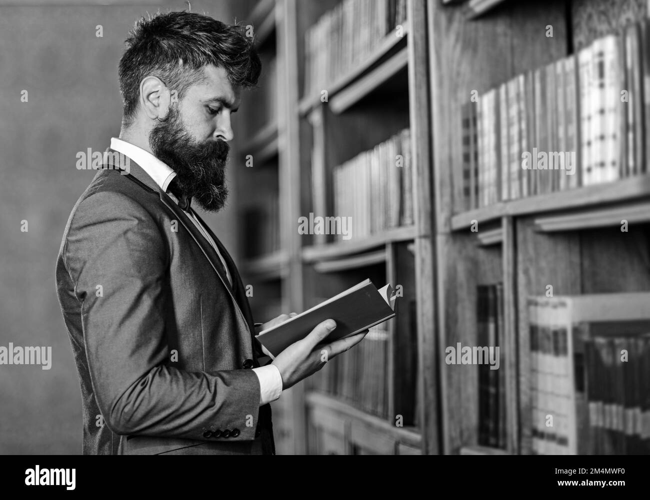 Bearded man reading book in the library, man. Stock Photo