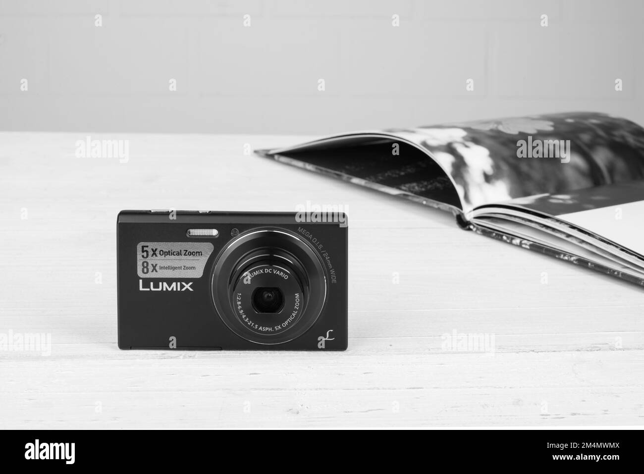 A closeup shot of a Panasonic Lumix DMC-FS50 on a white surface Stock Photo