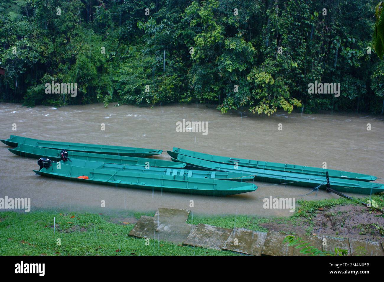 Three Longboats on the flooded river in a tropical forest, Brunei, Borneo Stock Photo