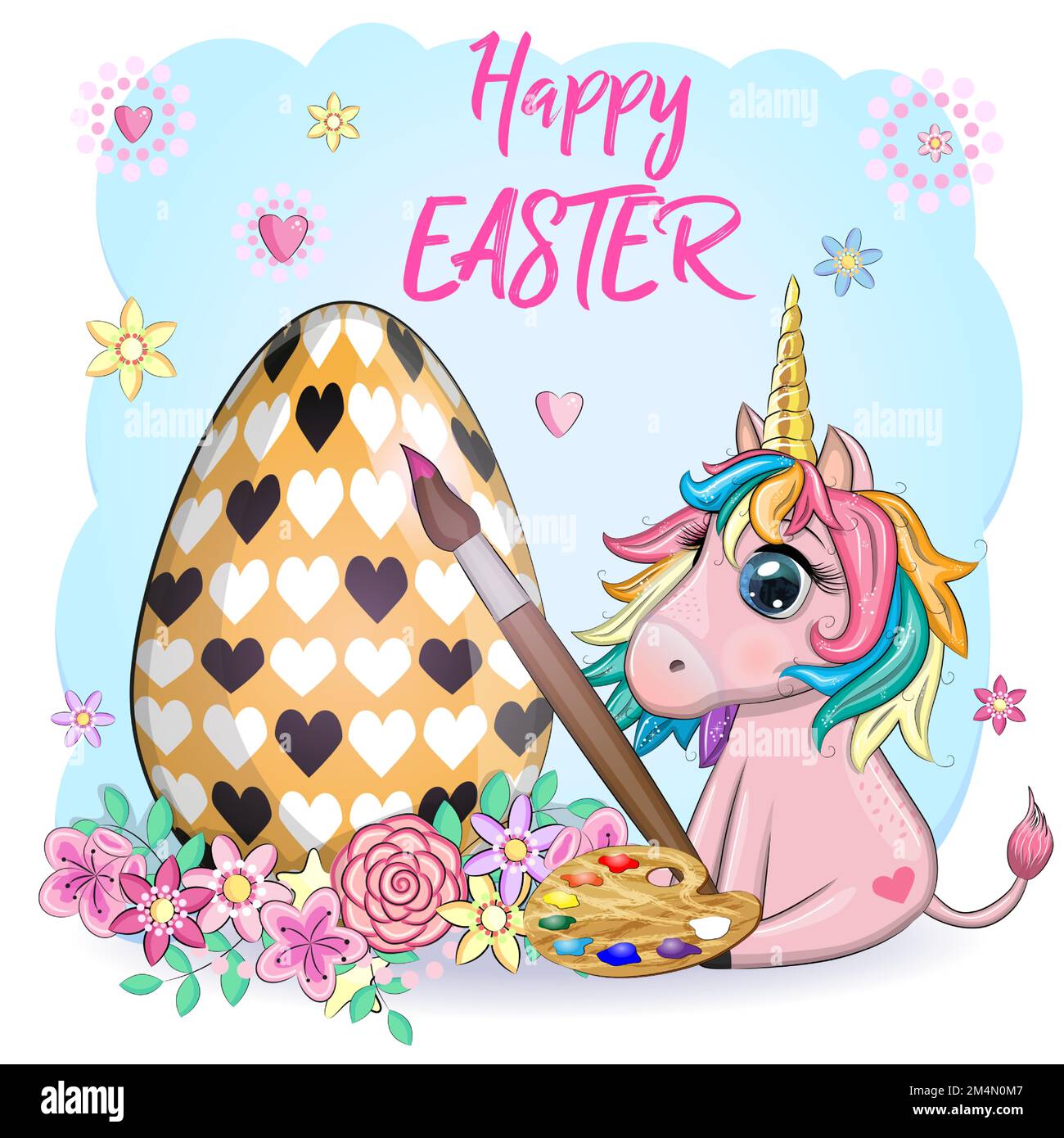 Easter unicorn cartoon character with easter egg, postcard Stock Vector