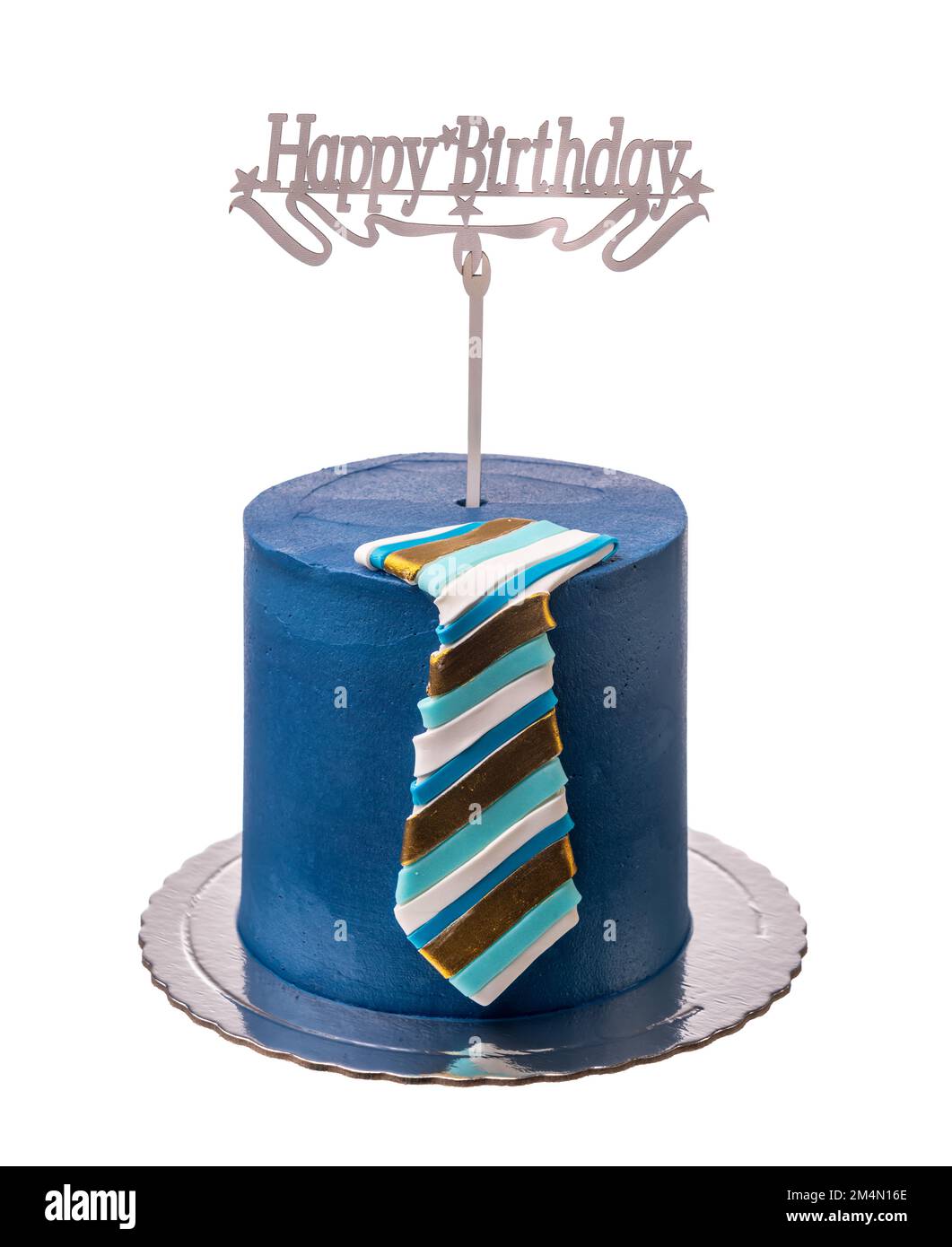 Blue cake with a tie for a holiday for a man. On a white background. Close-up. Stock Photo