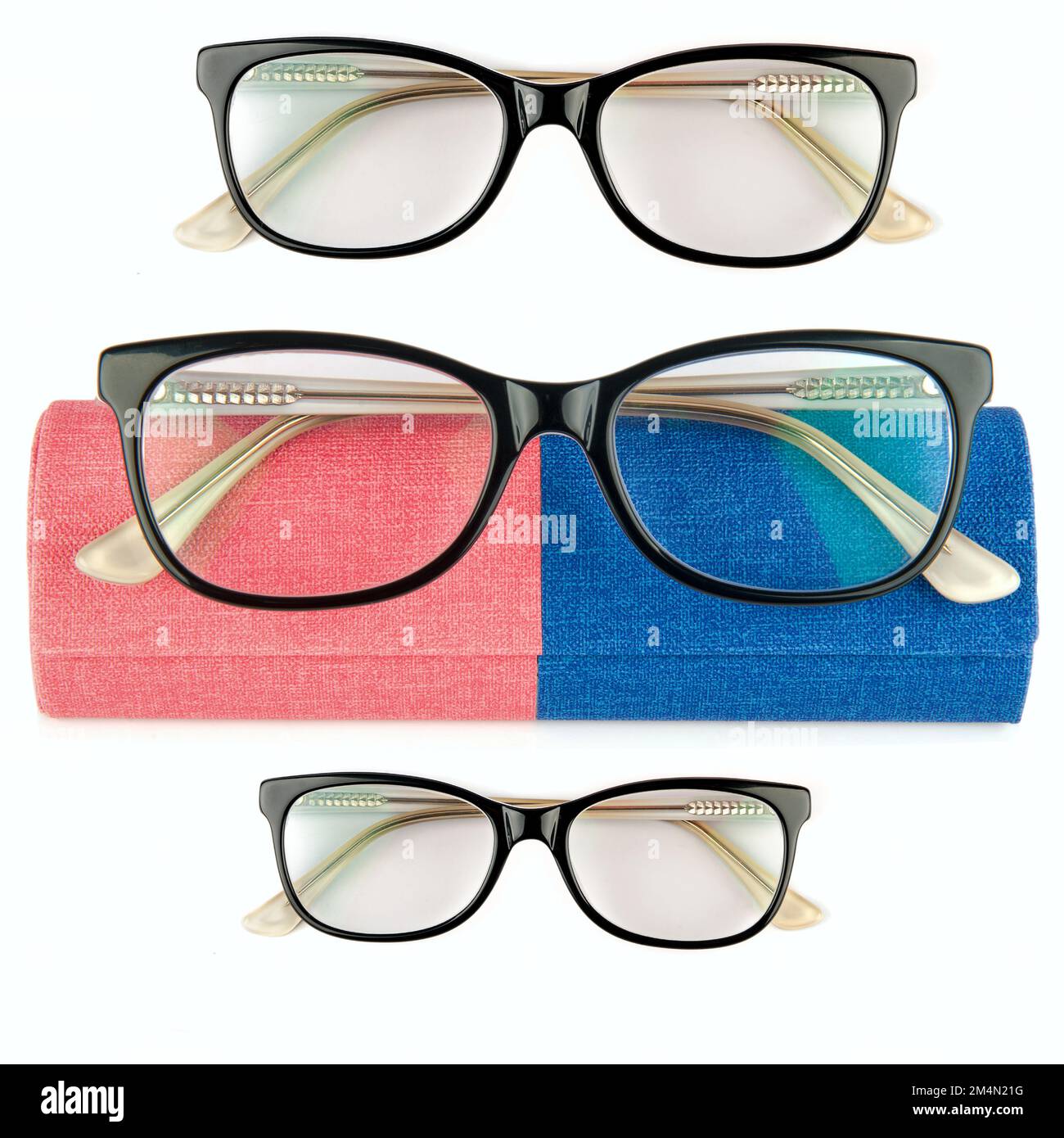 Elegant female glasses and case isolated on white background. Collage ...