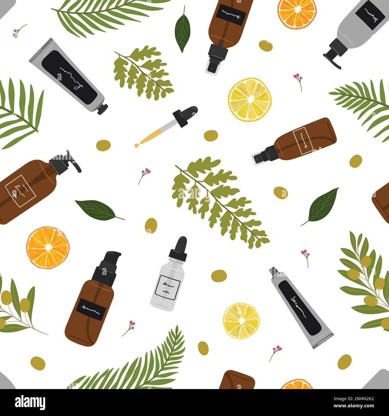 Seamless pattern of recyclable bottles, jars and tubes with organic