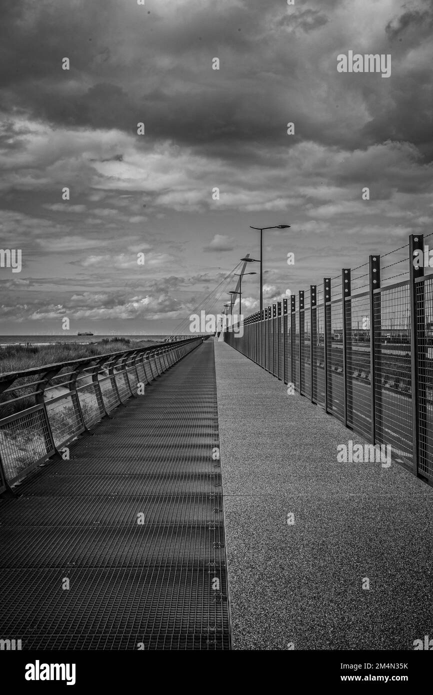A vertical grayscale shot of a caged bridge under a cloudy sky Stock ...