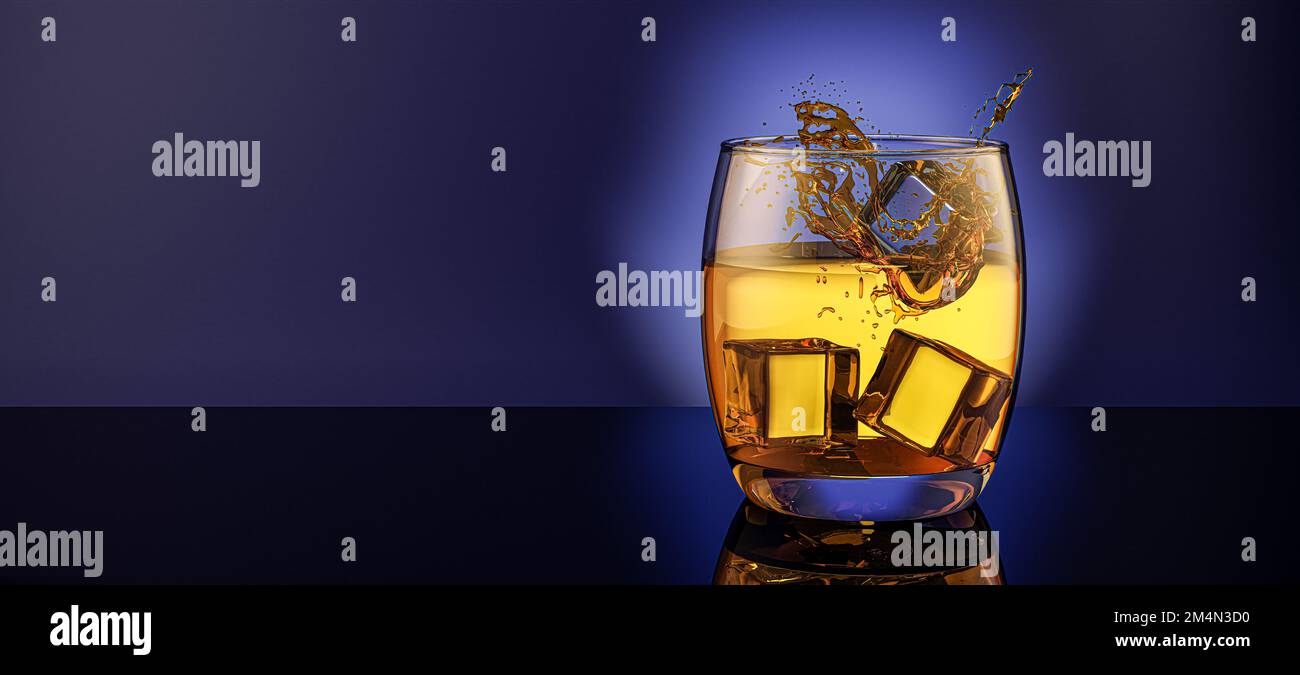 Glass of scotch on the rocks whiskey / brandy and ice cubes splash splashing back lit against a blue background Stock Photo