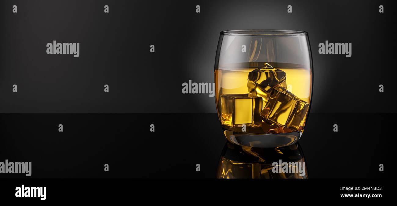 Glass of scotch on the rocks whiskey / brandy and ice cubes splash splashing back lit against a black background Stock Photo