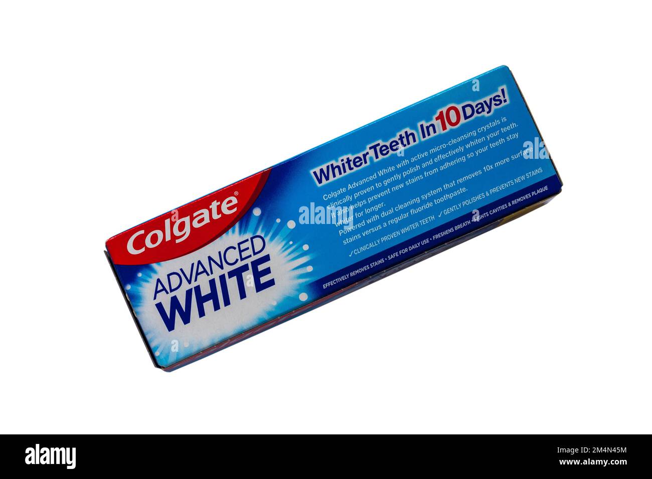 Colgate Advanced White toothpaste whiter teeth in 10 days clinically proven whiter teeth micro-cleansing crystals isolated on white background Stock Photo