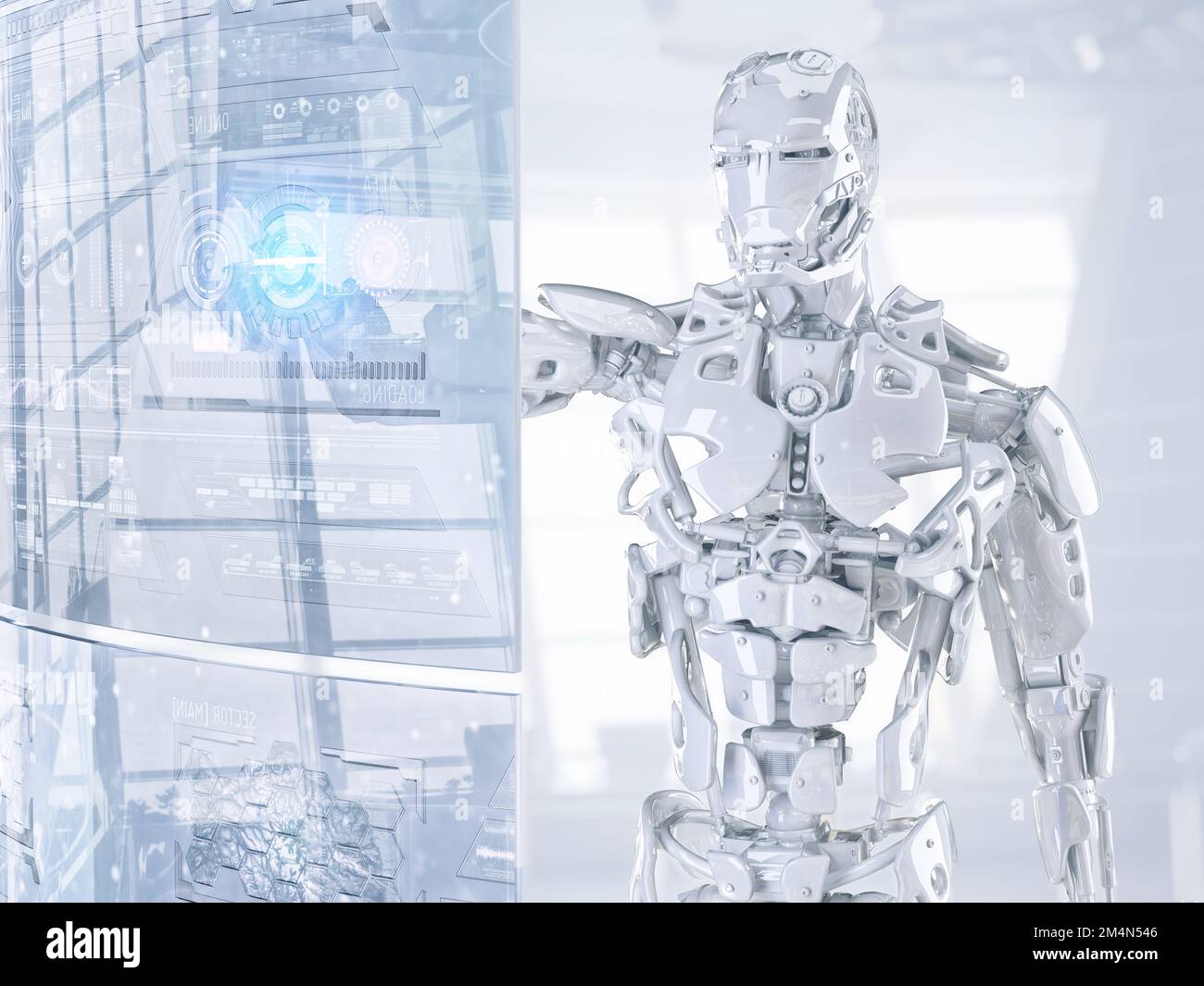 Robot cyborg android touching sensitive HUD sci fi display with futuristic user interface. Innovative artificial intelligence and virtual reality, 3D Stock Photo
