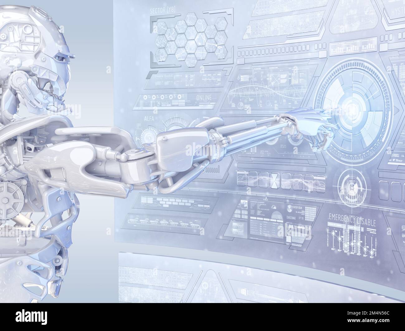 Robot cyborg android touching sensitive HUD sci fi display with futuristic user interface. Innovative artificial intelligence and virtual reality, 3D Stock Photo