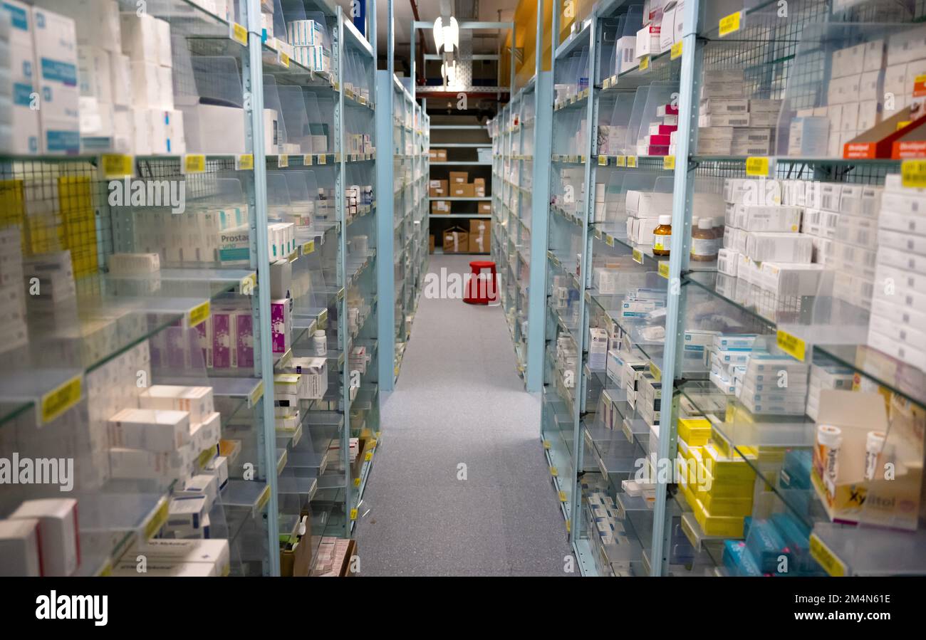 Planegg, Germany. 22nd Dec, 2022. Various drugs are seen in a warehouse at the pharmaceutical