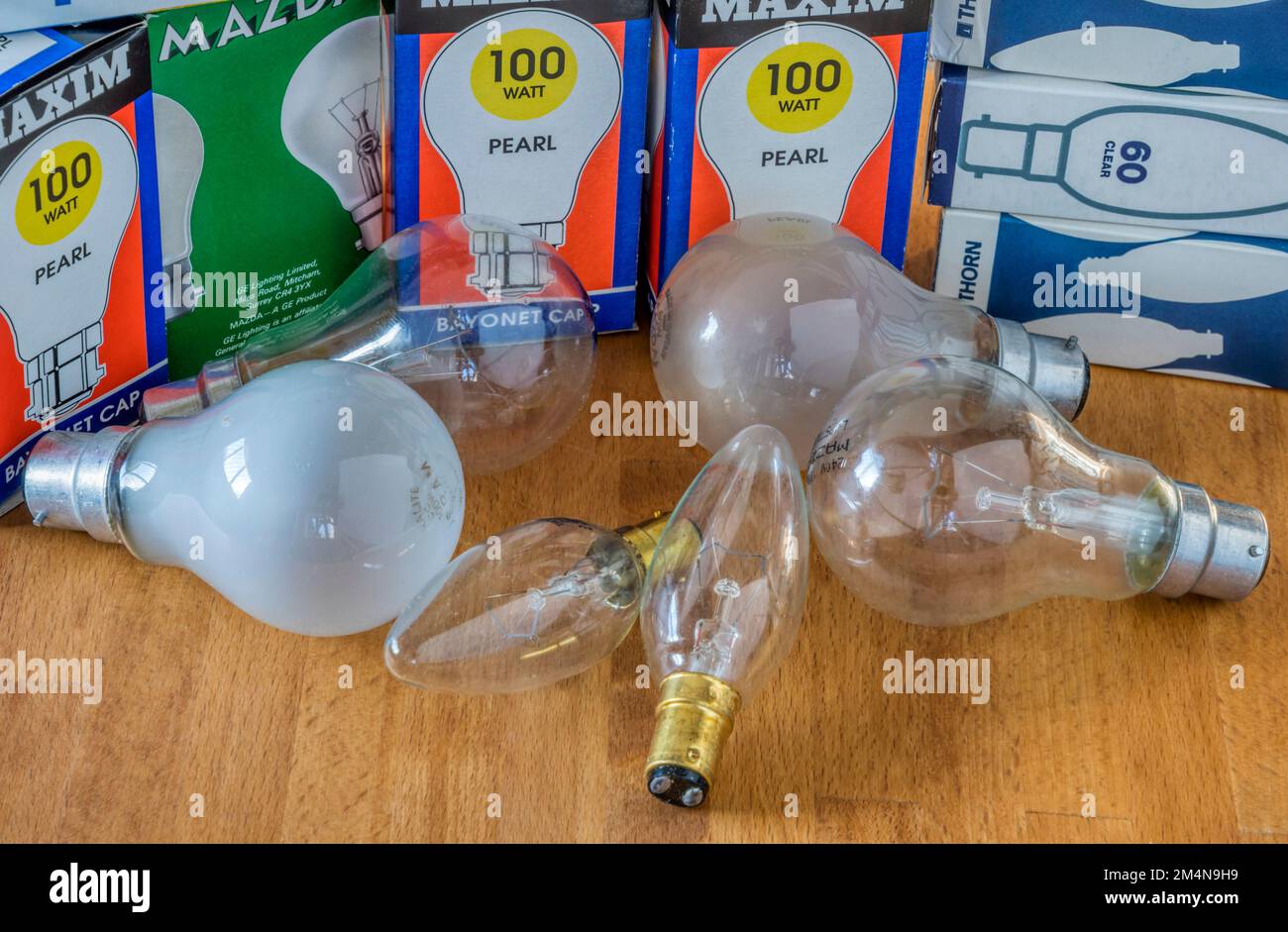 A selection of old and obsolete incandescent filament light bulbs. Stock Photo