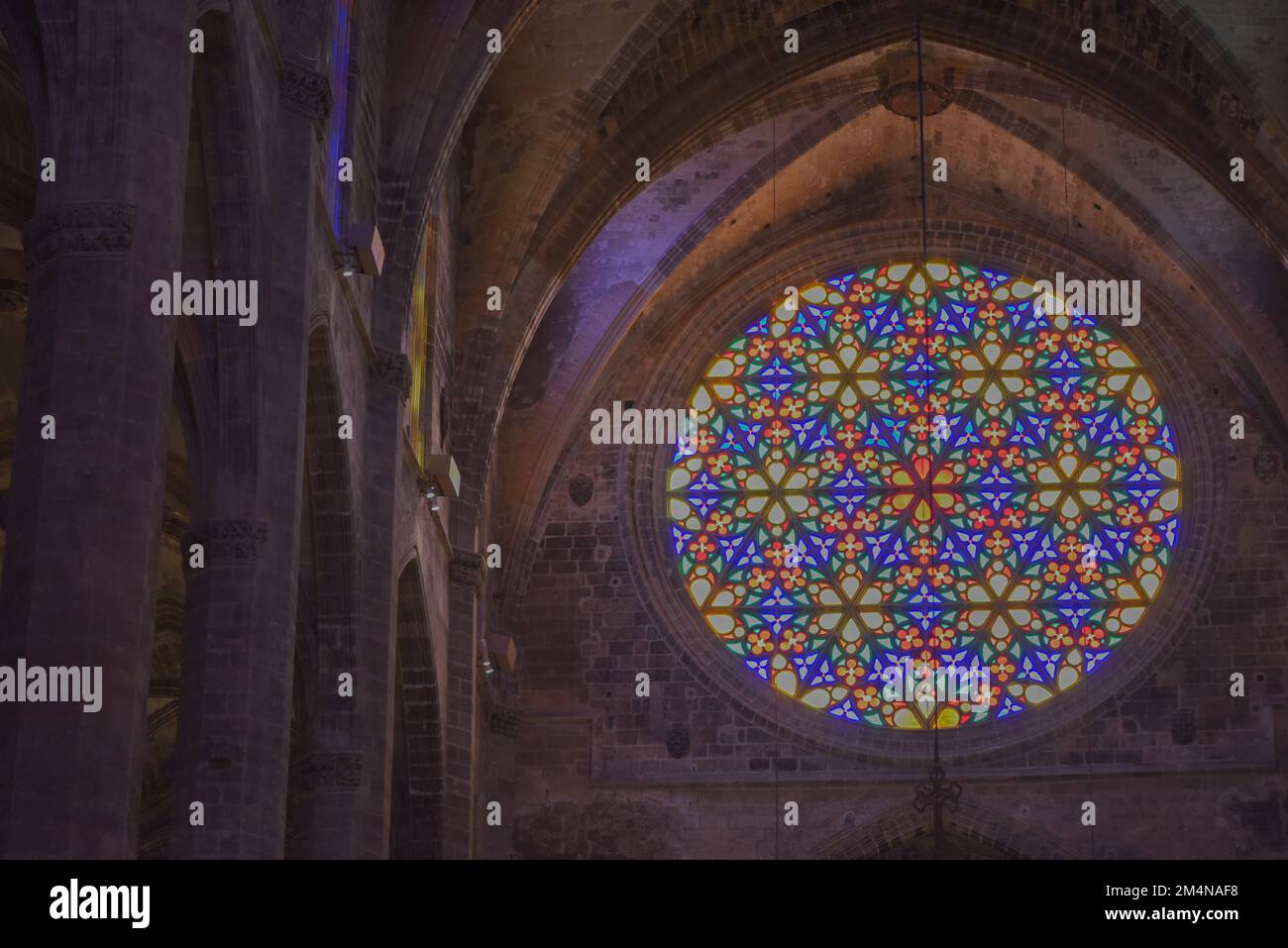 Palma, Mallorca, Spain 10 Nov 2022 Colourful stained glass Rose
