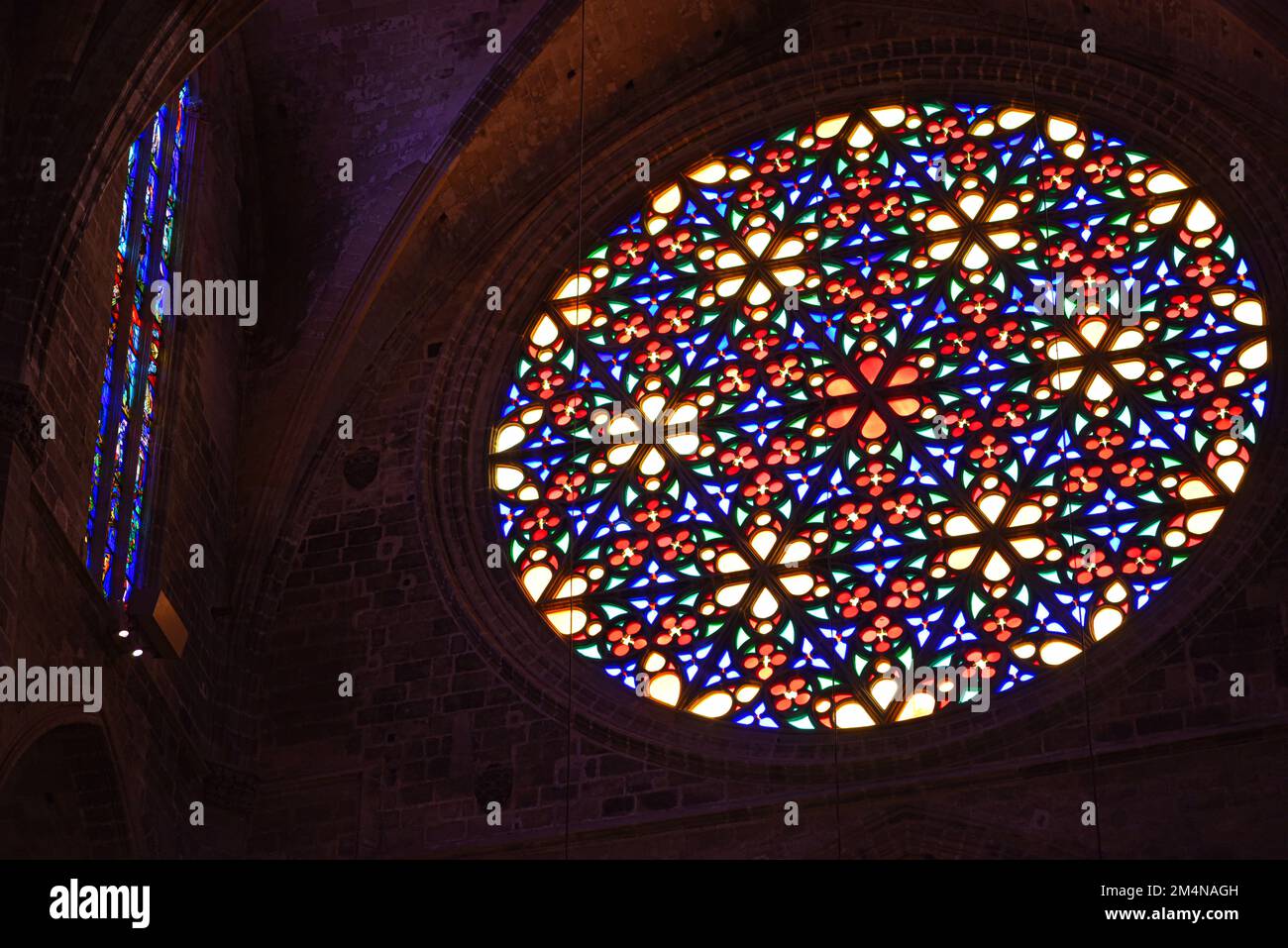 Palma, Mallorca, Spain 10 Nov 2022 Colourful stained glass Rose