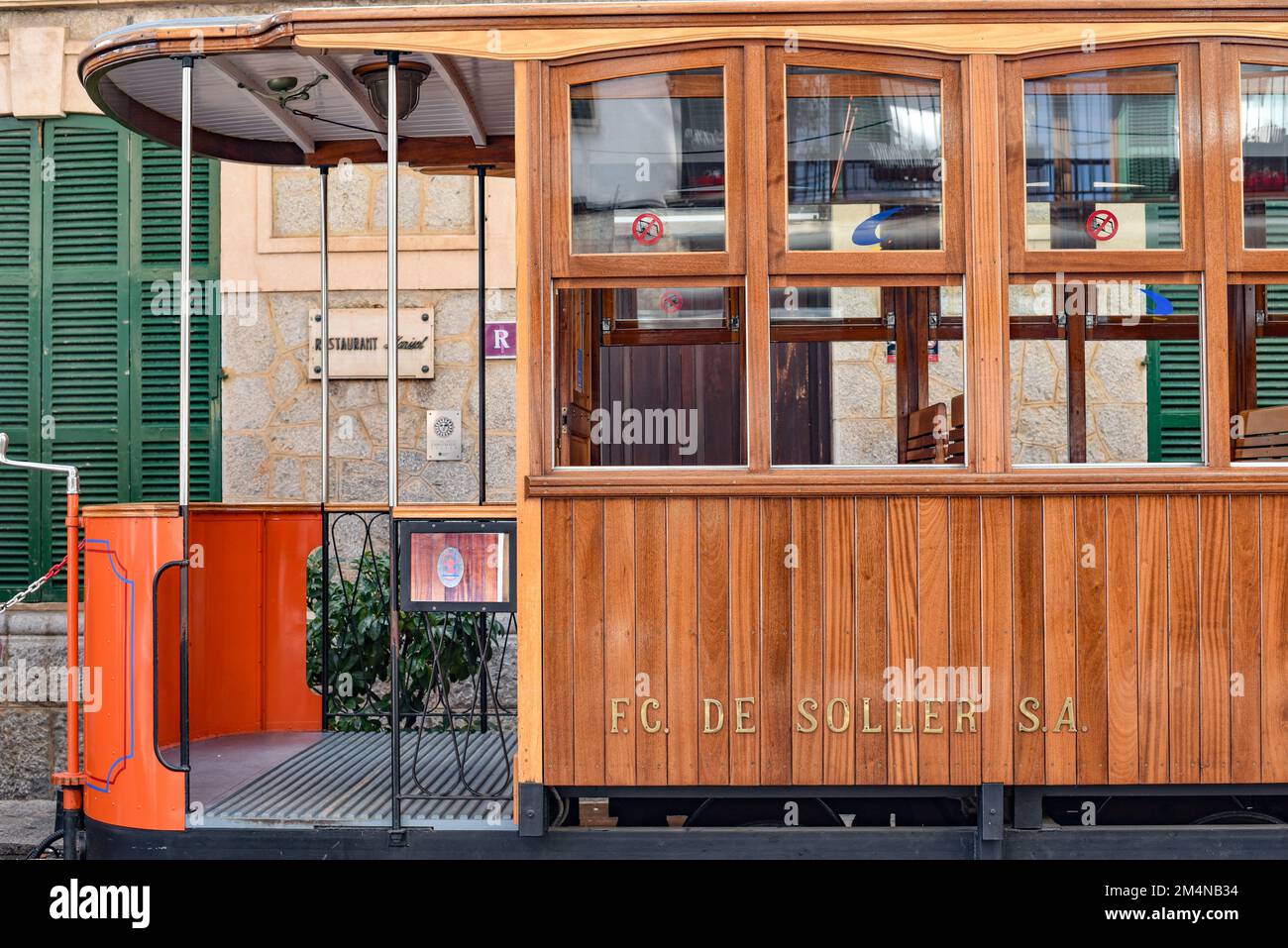 Port de Soller, Mallorca, Spain - 11 Nov 2022: Ferrocarril Tram train in the tourist town of Soller Stock Photo