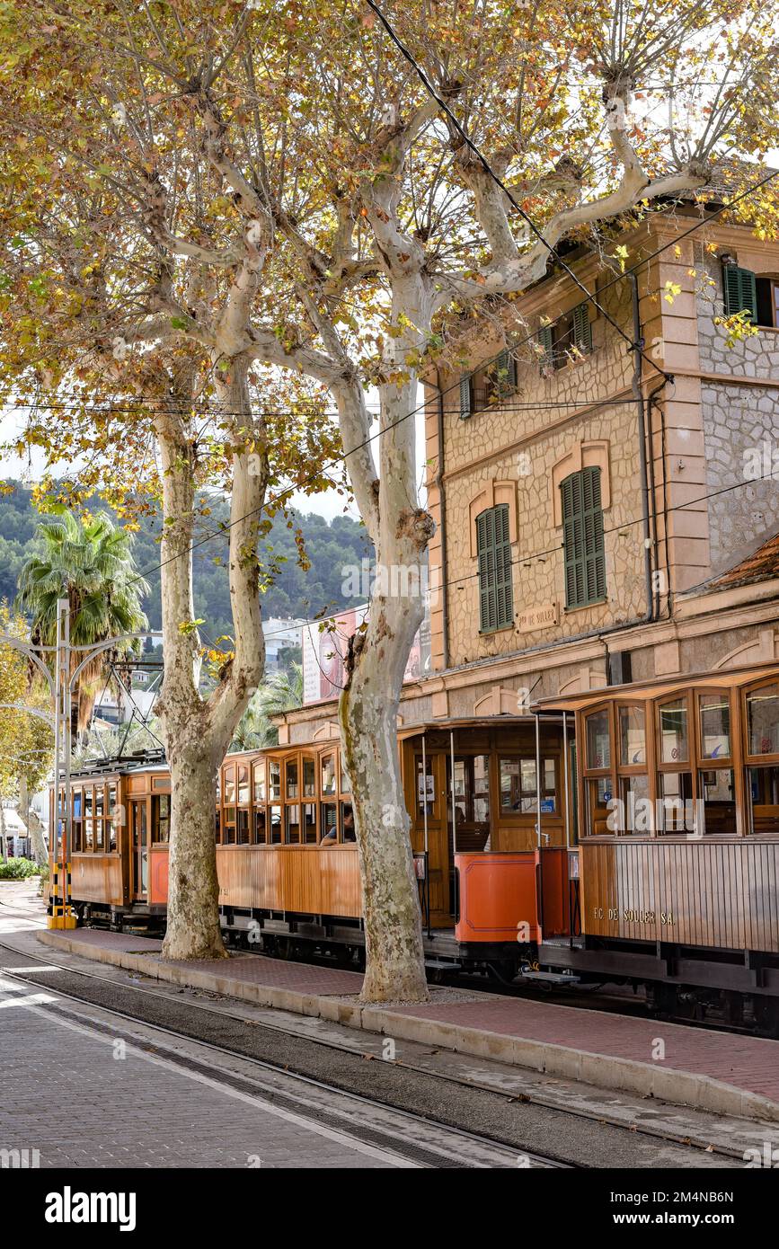 Port de Soller, Mallorca, Spain - 11 Nov 2022: Ferrocarril Tram train in the tourist town of Soller Stock Photo