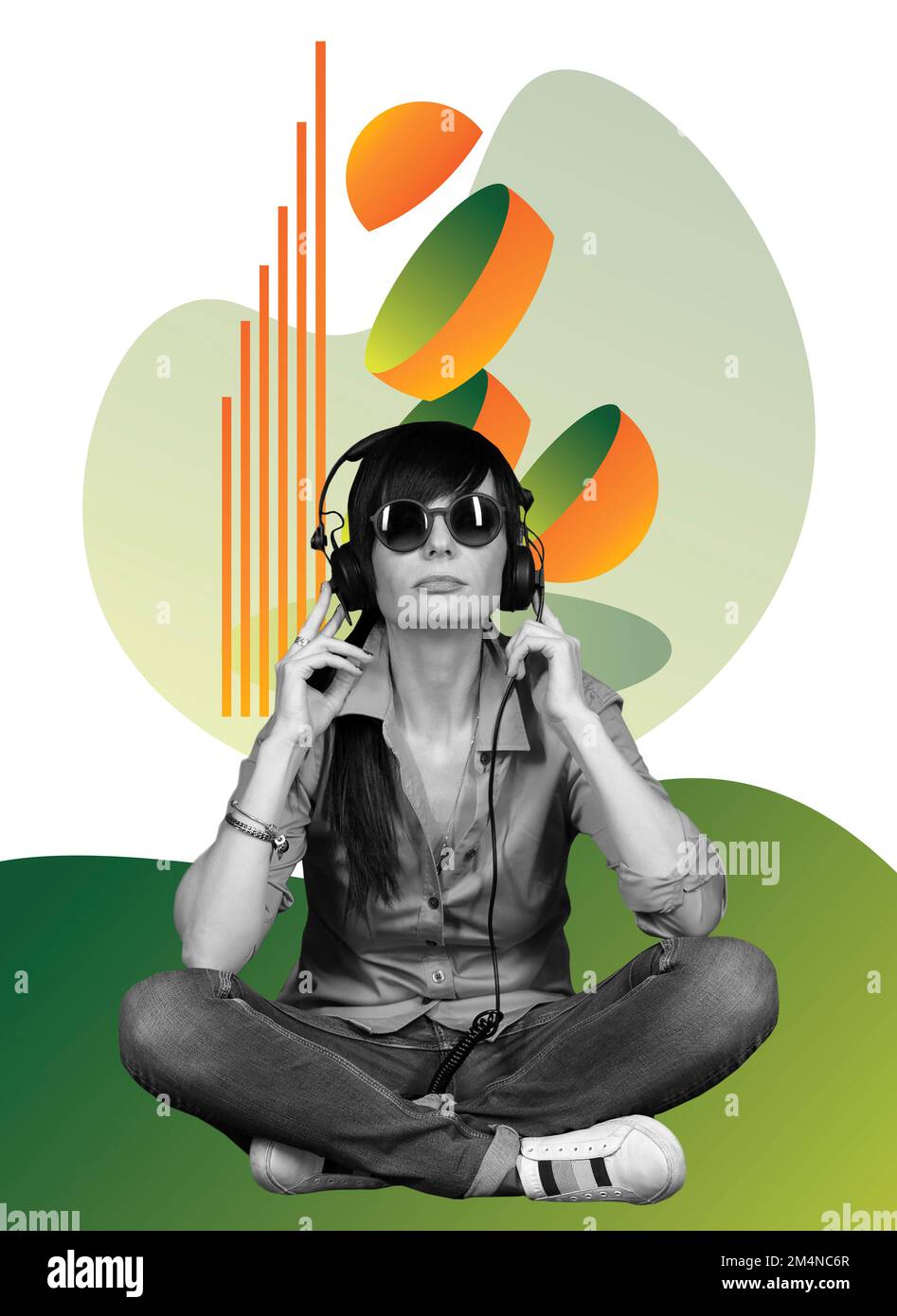 Contemporary art collage. Girl sitting in headphones and sunglasses, listening to music, abstract gradient figures in the background Stock Photo