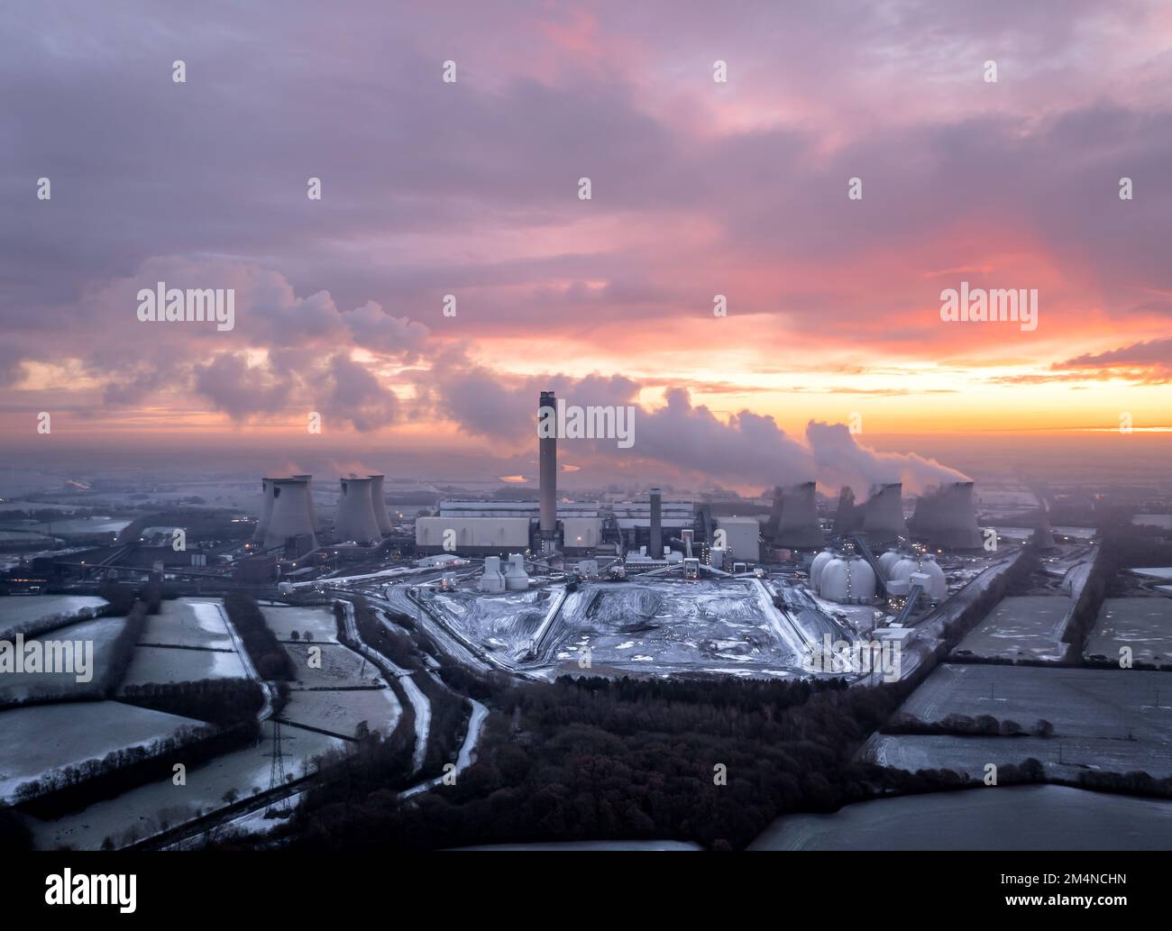 DRAX POWER STATION, UK DECEMBER 17, 2022. Aerial landscape of a large