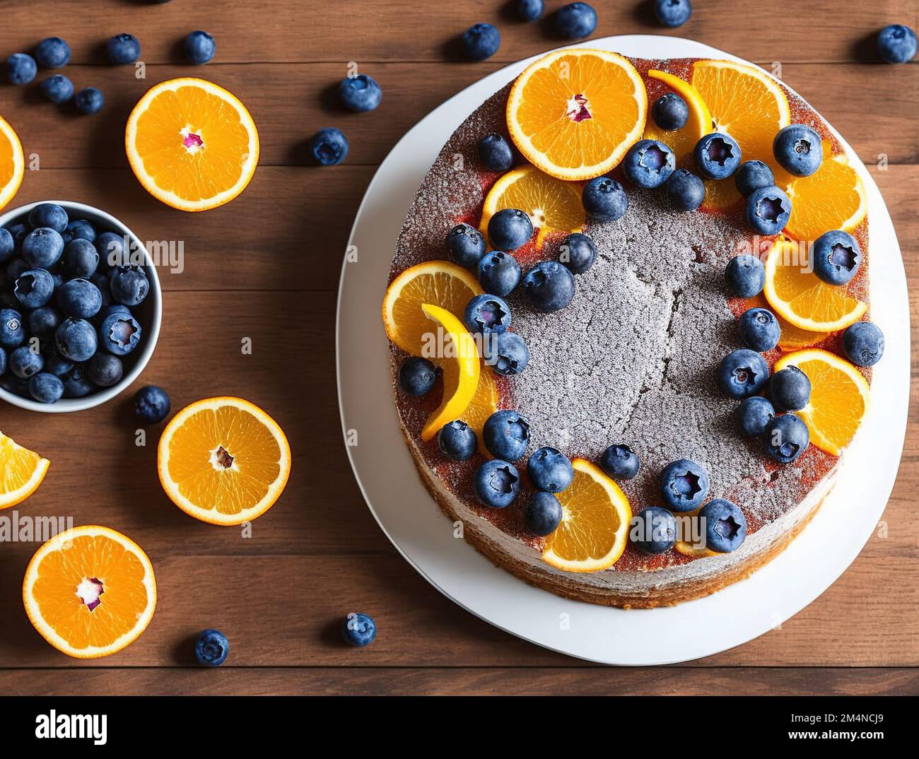 Cake with fruit sauce made with various decorations Stock Photo - Alamy