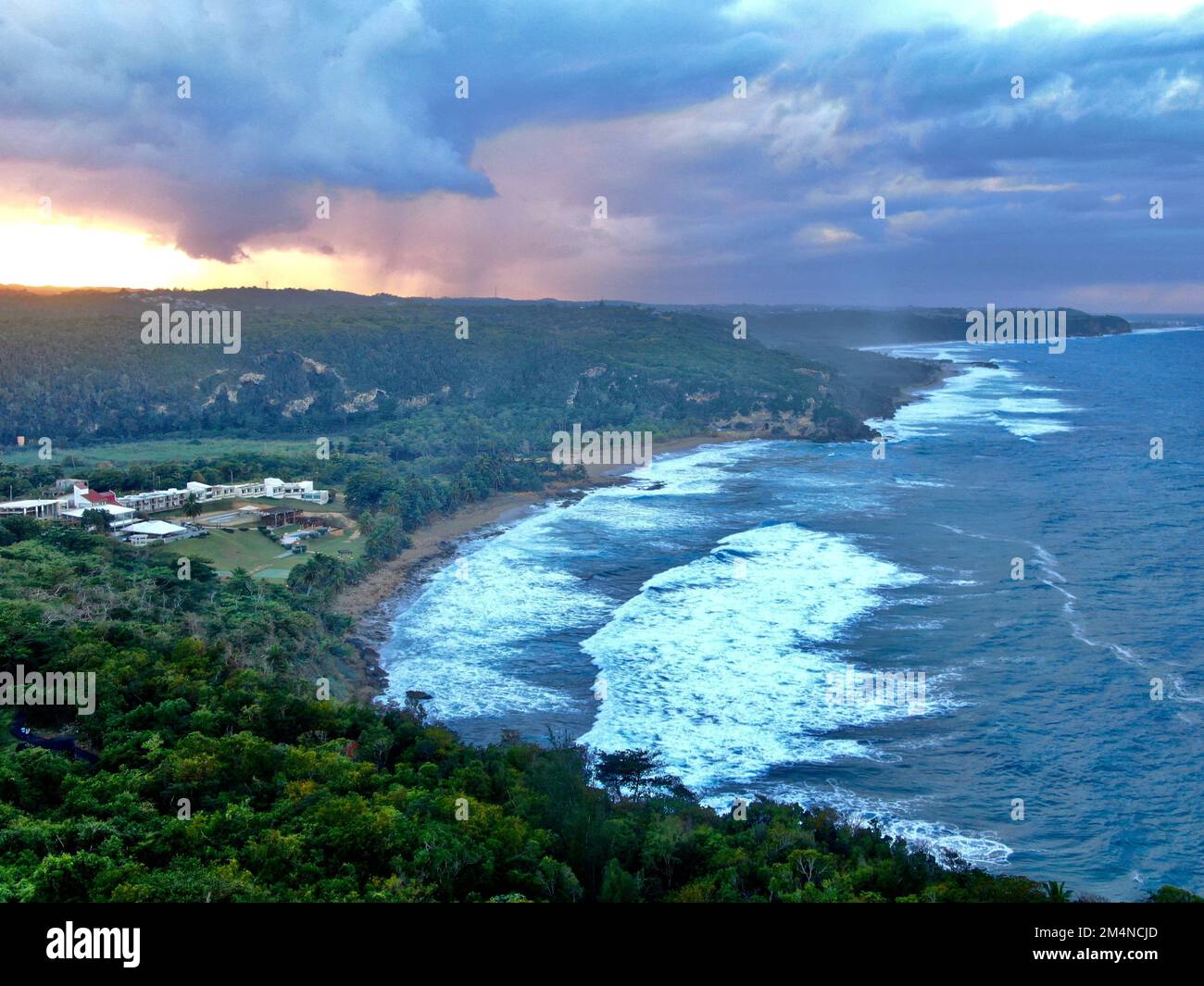 An aerial shot of the coastal town of Quebradillas in Puerto Rico at