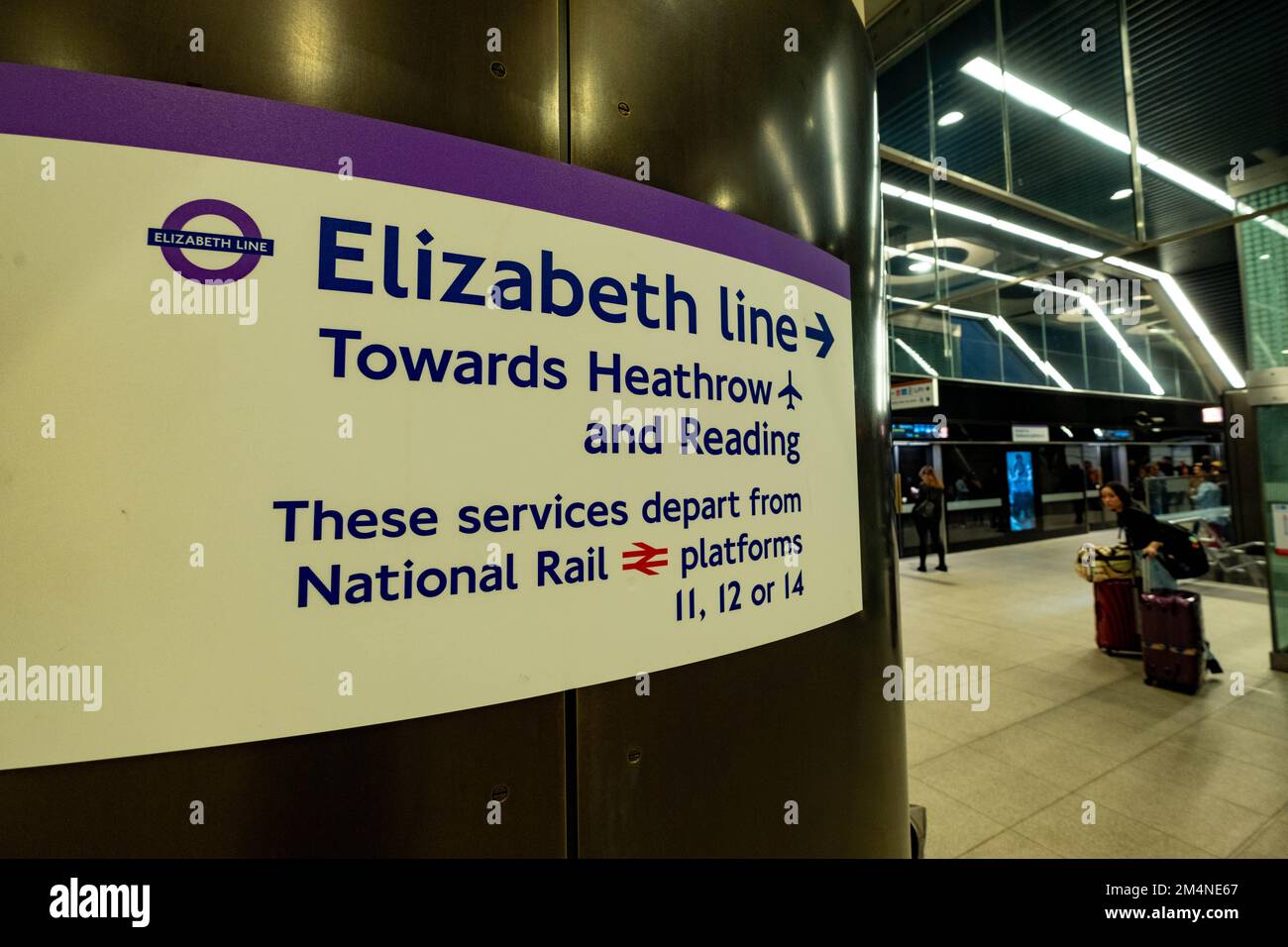 London- September 2022: Elizabeth Line sign at Canary Wharf, a modern London Underground Station Stock Photo