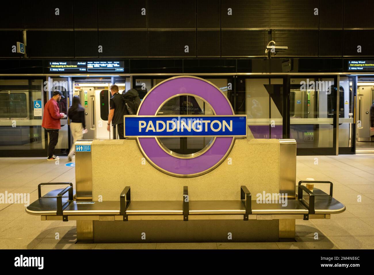 London- September 2022: Elizabeth Line sign at Paddington Station, a London Underground Station Stock Photo