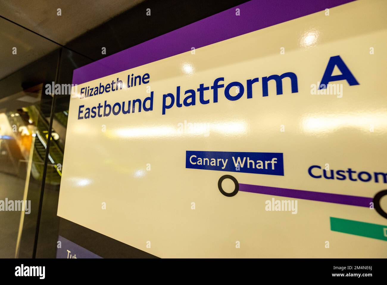 London- September 2022: Elizabeth Line sign at Canary Wharf, a modern London Underground Station Stock Photo