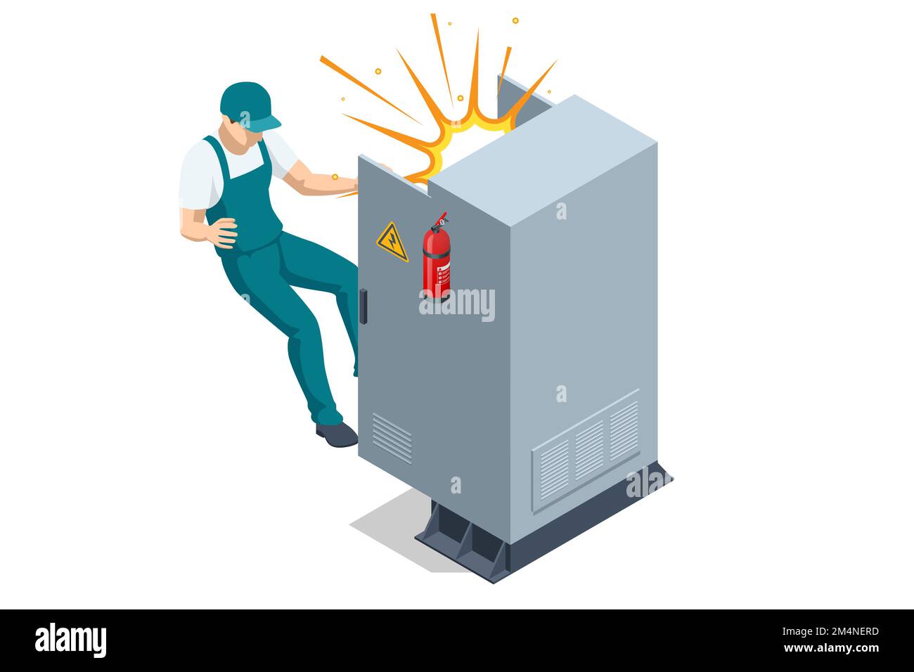 Isometric Electric switchboard. Transformer. Distribution board. Electrical power switch panel. Transformer damaged and short circuit with fire spark Stock Vector