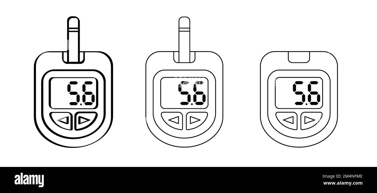 Blood, glucose meter or glucometer. Blood sugar test, level on display. Diabetes insulin. Device for testing and monitoring level of sugar. Cartoon co Stock Photo
