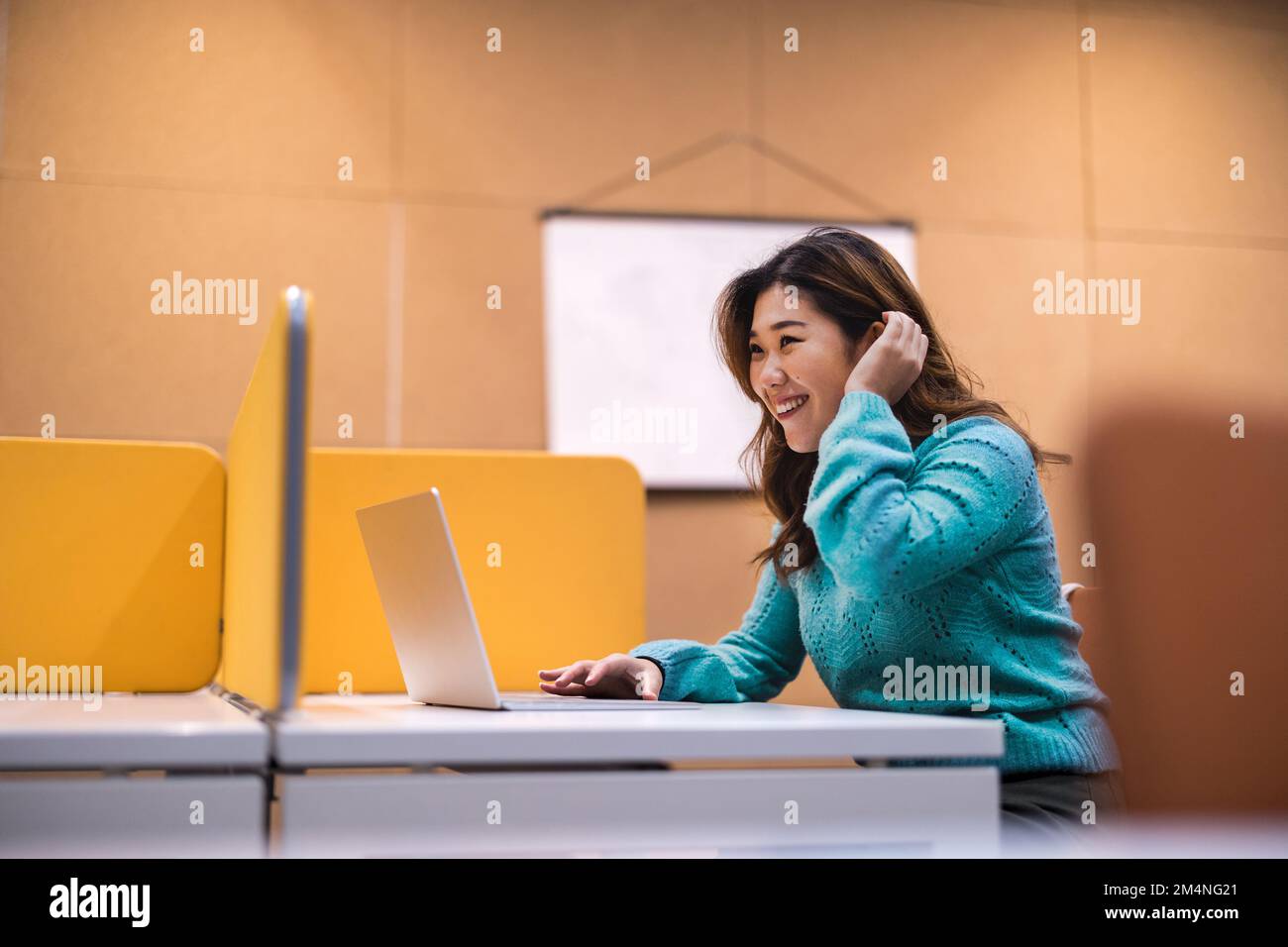 Female student working on laptop in a library cubicle Stock Photo