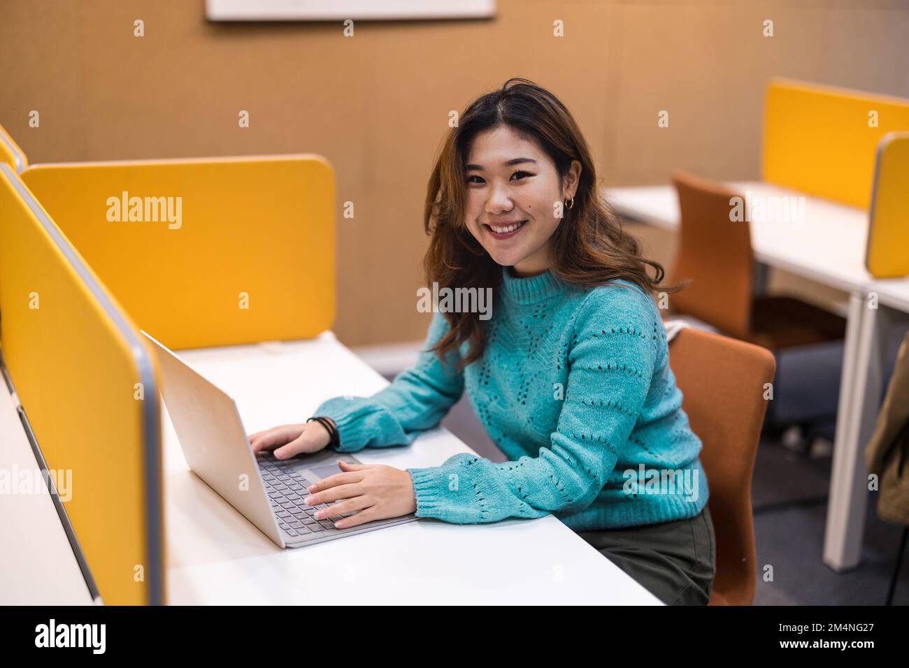 Female student working on laptop in a library cubicle Stock Photo - Alamy