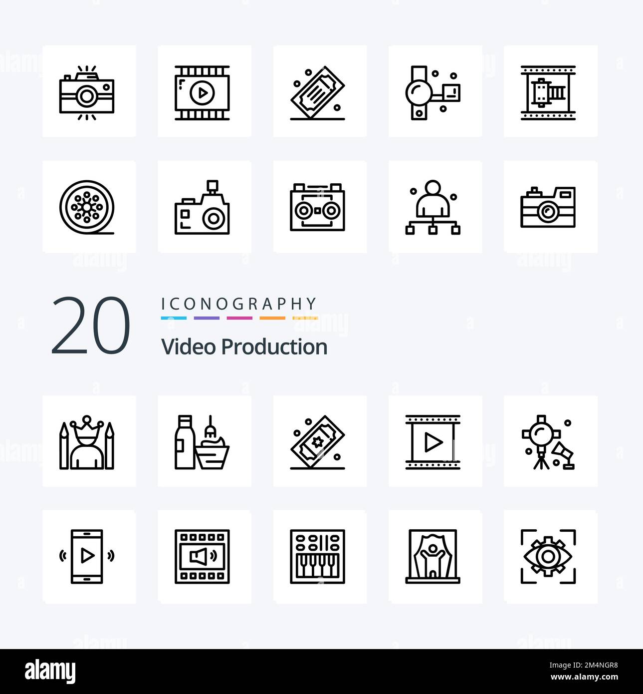 20 Video Production Line icon Pack. like video app. film editing. makeup. vintage camera. photography Stock Vector