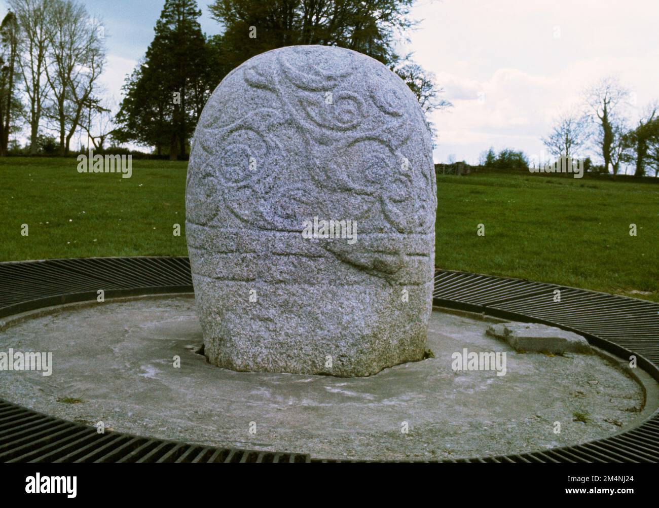 View SW of the Turoe Stone La Tène decorated Celtic stone pillar, Bullaun, Loughrea, Co Galway, Republic of Ireland: the finest example in Europe. Stock Photo