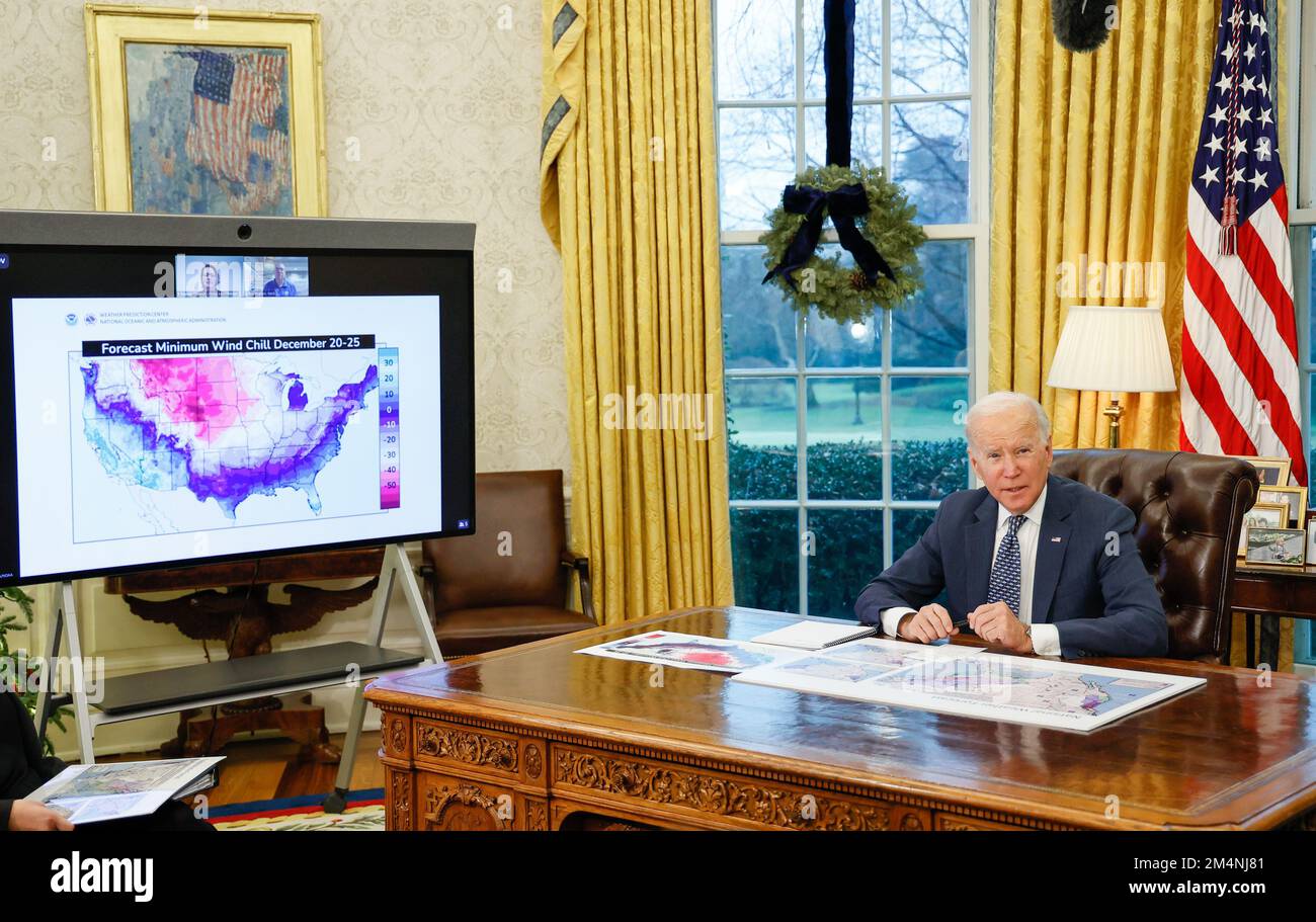 Washington, DC, United States. 22nd Dec, 2022. President Joe Biden issues warnings and travel advisories from the White House for the United States as a severe weather system threatens to impact most of the country on Thursday December 22, 2022 in Washington, DC. The weather system which is being called a 'Bomb Cyclone' threatens to disrupt travel and create life threatening conditions for large parts of the country over the December 25th Christmas Weekend. Photo by Jemal Countess/UPI Credit: UPI/Alamy Live News Stock Photo
