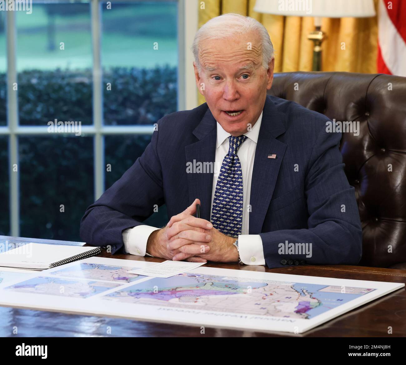 Washington, DC, United States. 22nd Dec, 2022. President Joe Biden issues warnings and travel advisories from the White House for the United States as a severe weather system threatens to impact most of the country on Thursday December 22, 2022 in Washington, DC. The weather system which is being called a 'Bomb Cyclone' threatens to disrupt travel and create life threatening conditions for large parts of the country over the December 25th Christmas Weekend. Photo by Jemal Countess/UPI Credit: UPI/Alamy Live News Stock Photo