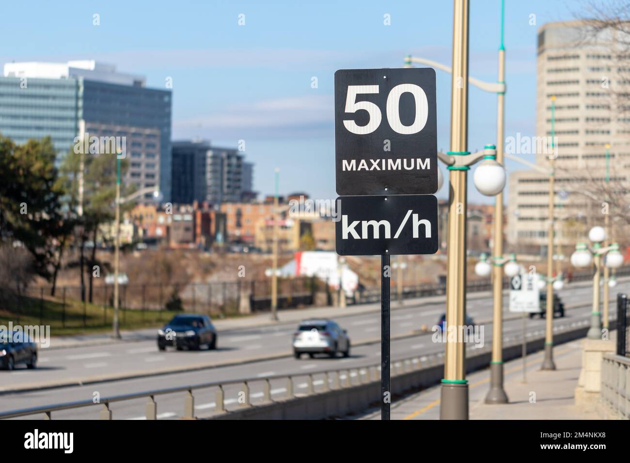 Speed limit road sign in the street, 50 km per hour maximum in Ottawa