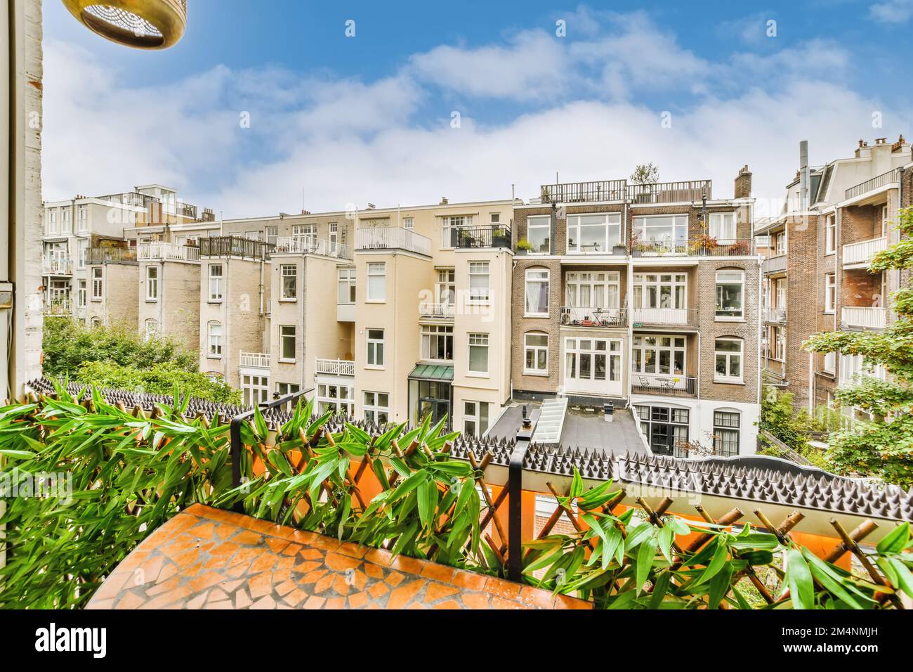 the view from an apartment balcony in london, with lots of plants