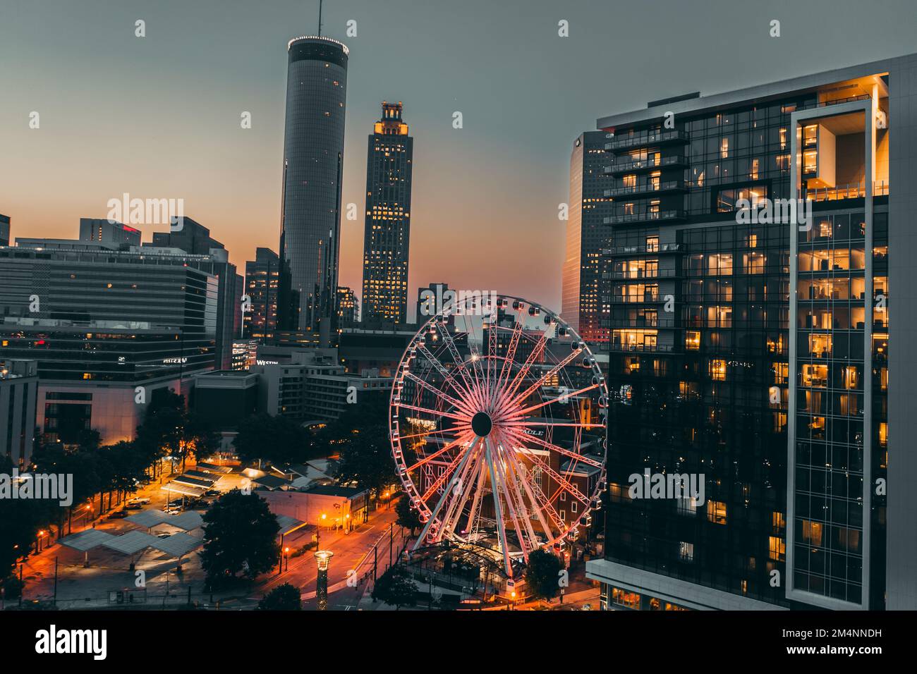 A beautiful shot of the SkyView Atlanta during the sunset Stock Photo