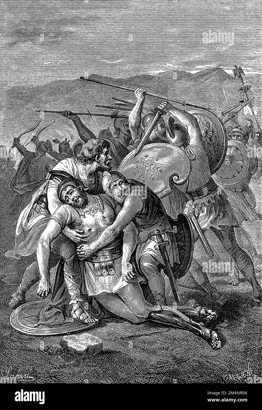 Spartacus (c. 103BC-71BC). Engraving entitled ' Slave Revolt in the Final Battle, Crassus Defeats the Slaves and Spartacus is Killed', by Nicola Sanesi Stock Photo