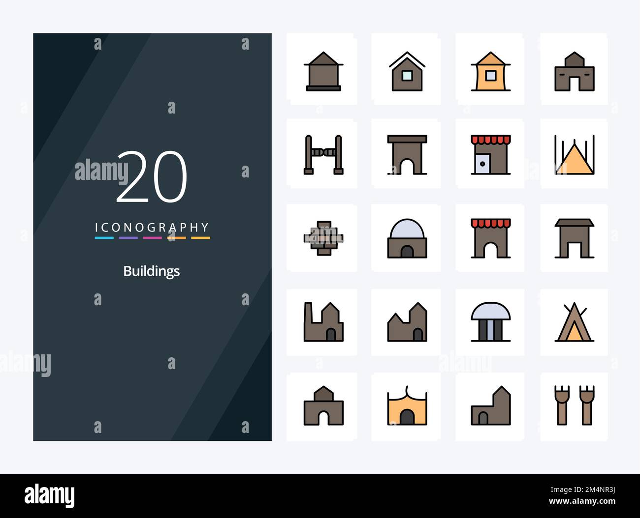 20 Buildings line Filled icon for presentation Stock Vector