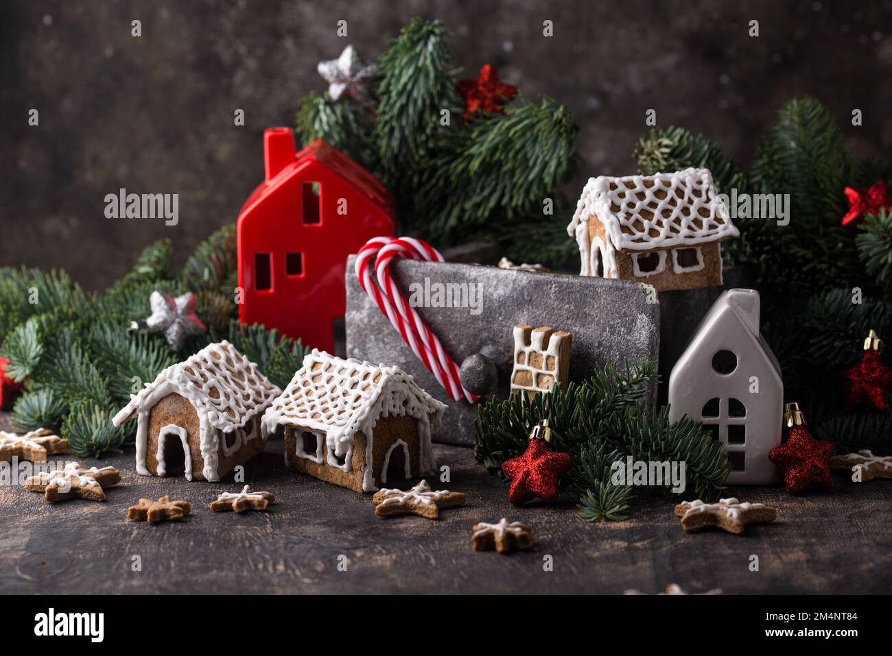 Christmas gingerbread house. Festive cookies. Stock Photo