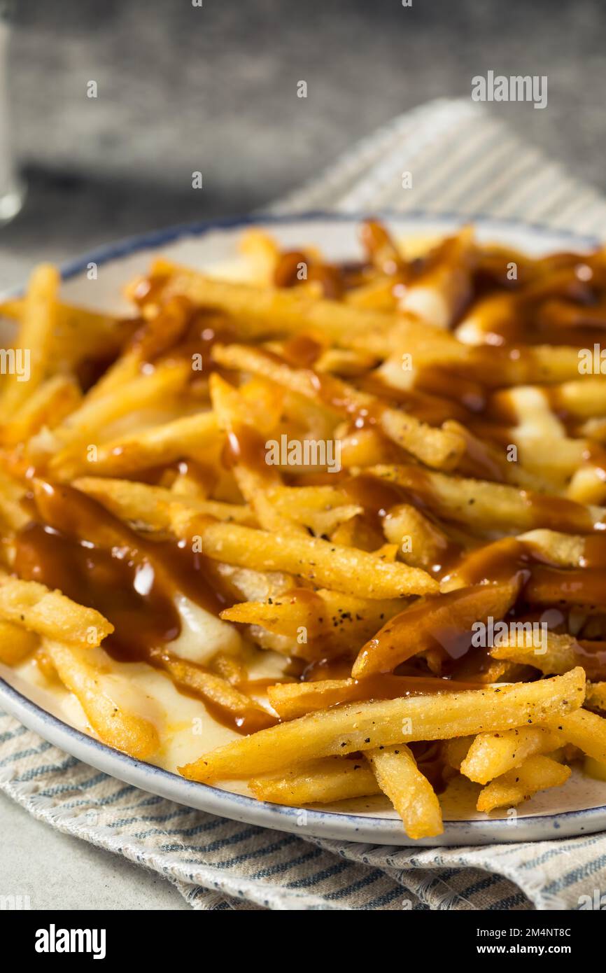 Homemade Canadian Poutine Gravy French Fries with Cheese Curds Stock