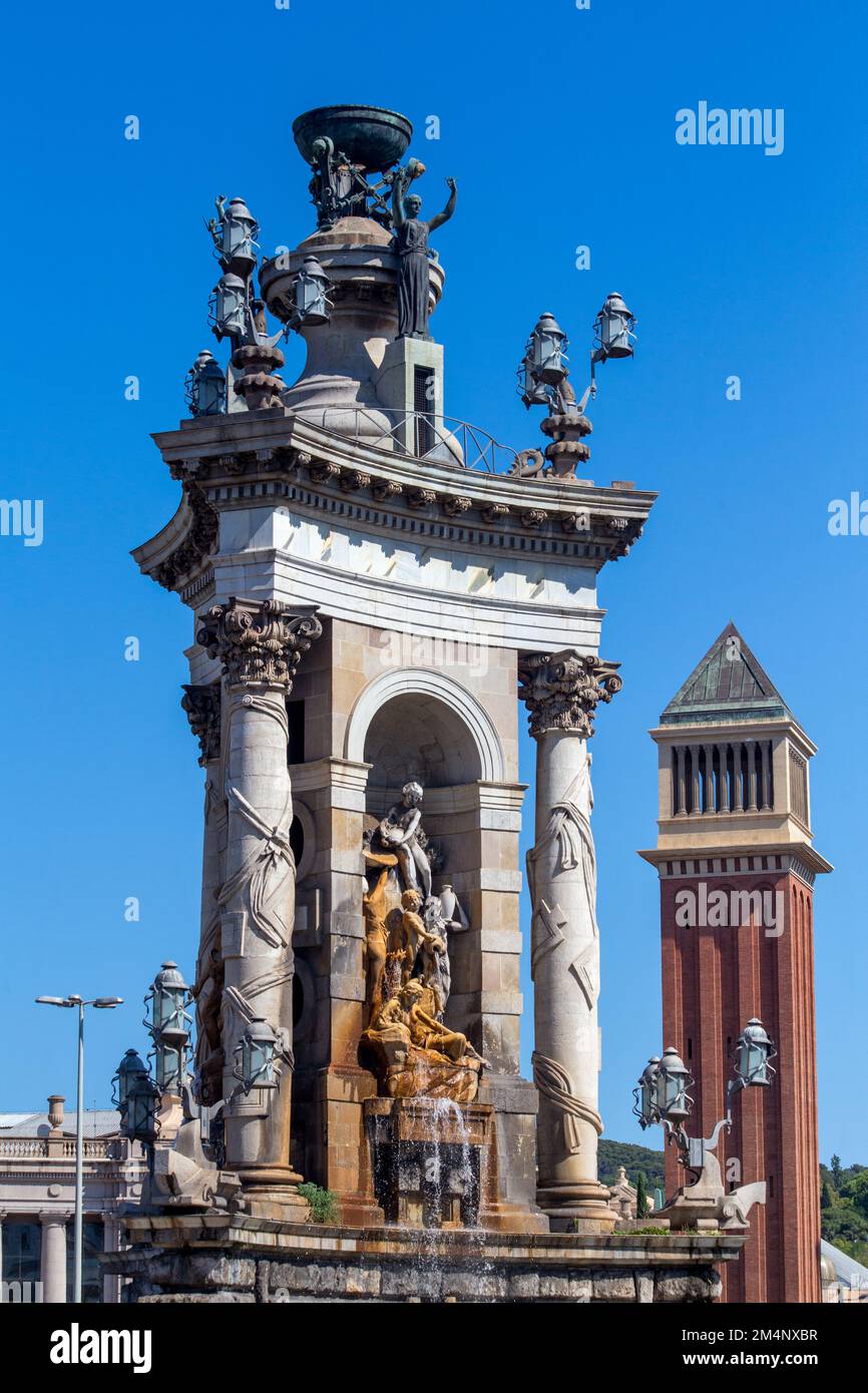 Monument in the centre of Placa d'Espanya, Barcelona, Spain Stock Photo